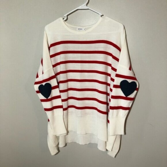 Mersea womens catalina OS red striped blue heart elbow patches pullover sweater - Picture 1 of 11